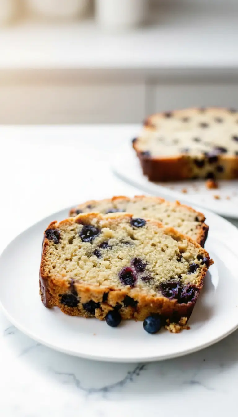 A 3:4 shot of the final serving moment. A slice of the blueberry muffin bread is on a small white plate, with a pat of butter just beginning to melt into the warm crumb. Next to the plate is a ceramic mug of coffee. The lighting is warm and inviting, evoking a cozy breakfast atmosphere on the marble counter with wood accents.