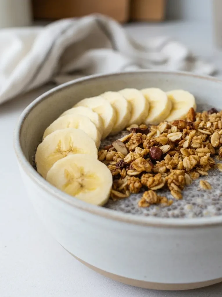 Brown Sugar Overnight Oats A process shot on a wooden cutting board showing the dry ingredients. A pile of rolled oats, a small heap of dark brown sugar, and a spoon of chia seeds waiting to be mixed. The lighting is bright and natural, highlighting the textures of the raw ingredients.