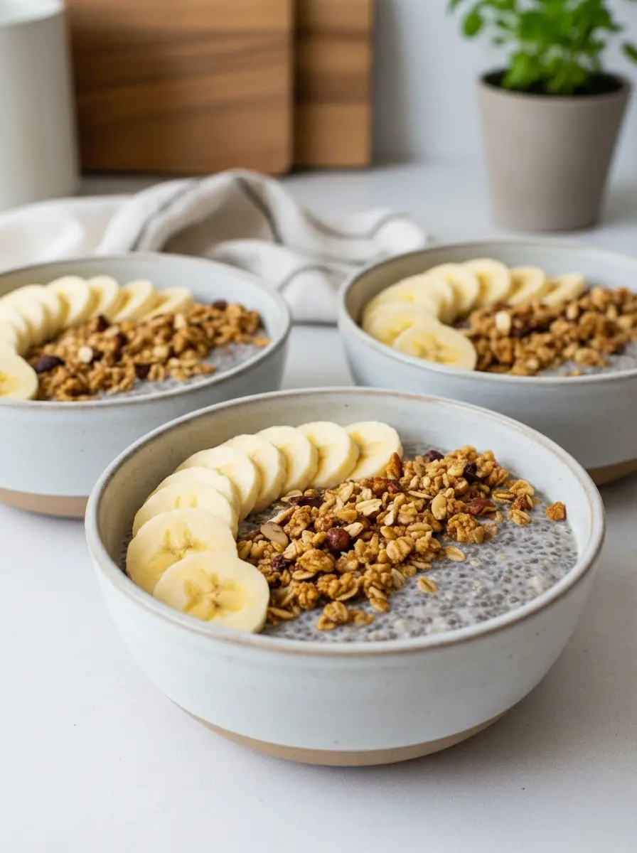 A close-up texture shot of the oat mixture inside the glass jar before toppings are added. The image focuses on the creamy consistency and the suspension of the chia seeds and cinnamon specks within the milk and oats. A wooden spoon rests on the marble surface nearby.