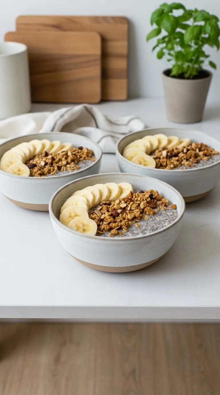 A serving suggestion shot focusing on the top of the open jar. The camera angle is high, looking down at the fresh banana slices and a crumble of brown sugar and granola on top. In the blurred background, a hint of fresh mint greenery creates a fresh contrast.