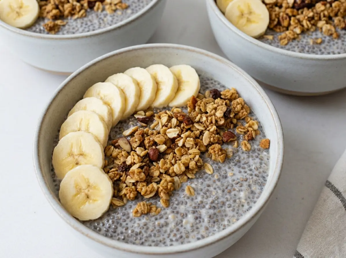 A hero shot of three glass mason jars filled with creamy overnight oats, sitting on a marble countertop with warm wood accents. The center jar is topped with perfectly arranged banana slices in a shingle pattern. Visible black chia seeds speckle the creamy beige oat mixture. Soft morning light streams from the east, casting gentle shadows. A white linen napkin is casually draped to the left. No hands or people.