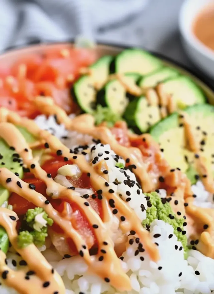 California Roll Sushi Bowls Eye-level shot of ingredients arranged on a white marble countertop. A wooden cutting board holds a pile of shredded white imitation crab meat and diced pink salmon. Next to it are whole avocados and a bowl of uncooked rice. Fresh herbs are visible in the blurred background. The scene is bright, clean, and minimalist.