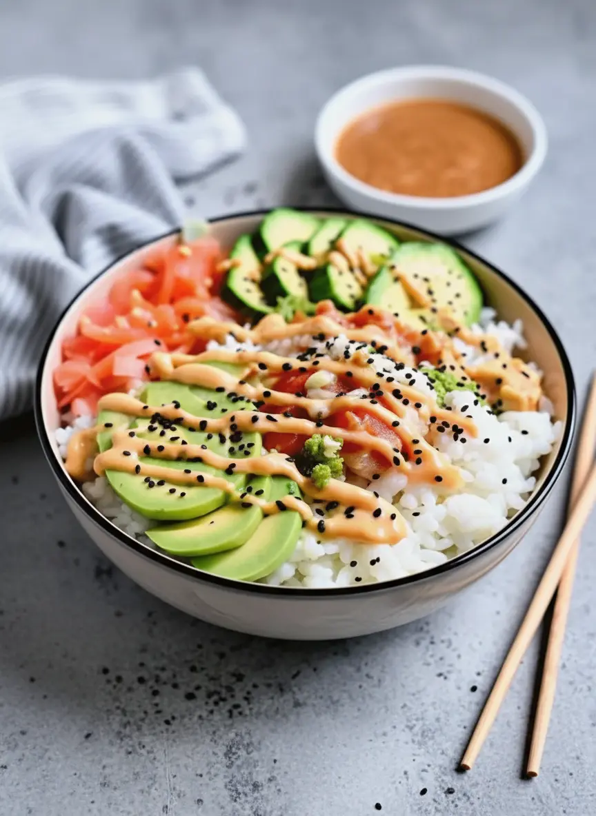 A close-up action shot of a whisk mixing orange spicy mayo in a small white ceramic bowl. A wooden spoon is resting on the side. The texture of the sauce is creamy and glossy. The background shows the marble countertop and a glimpse of the seasoned rice cooling in a wooden hangiri or large glass bowl.