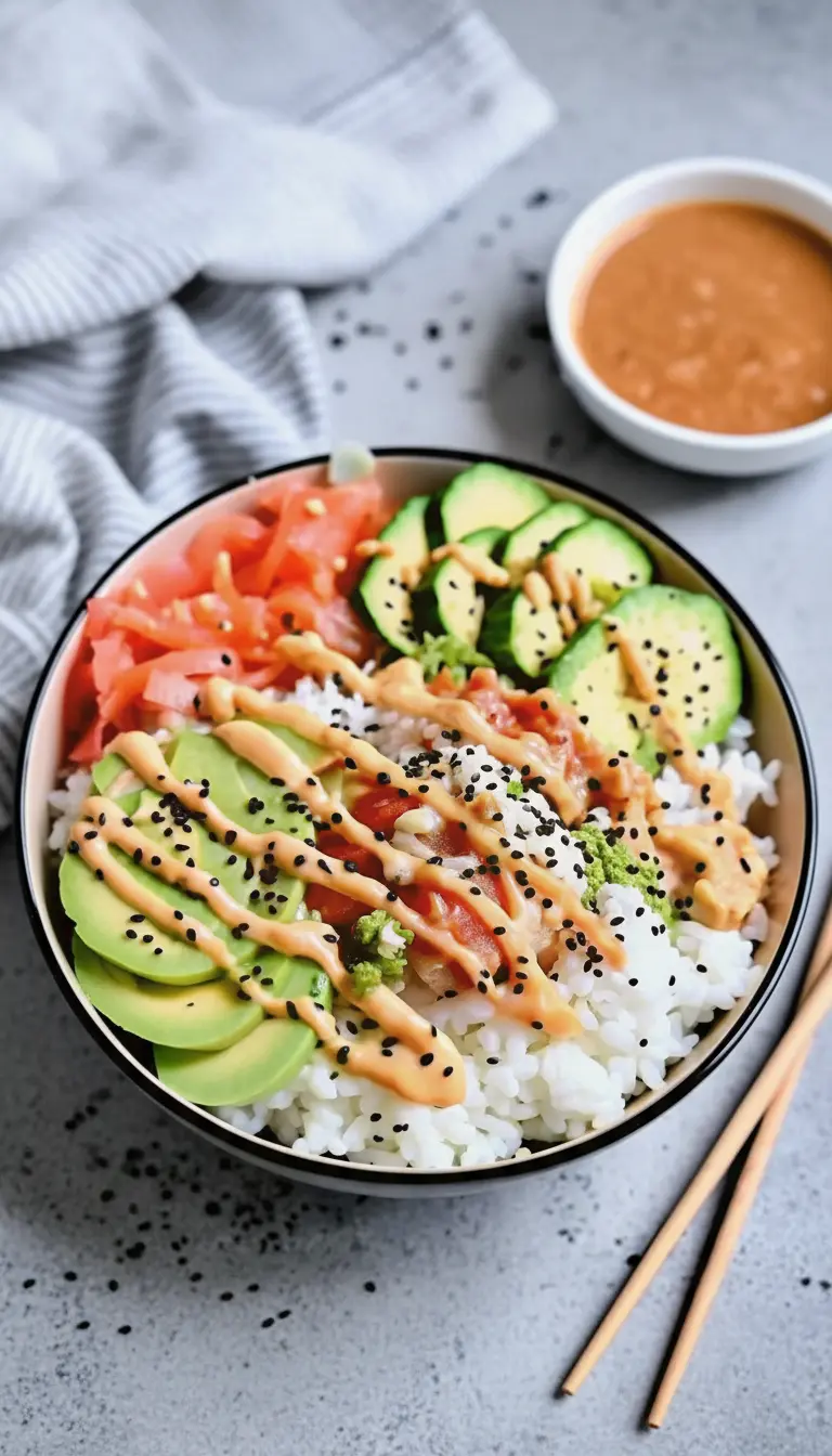 Macro shot focusing on the texture of the finished bowl. Focus is tight on the intersection of the diced green avocado, the pink fish cubes, and the white rice. The orange spicy mayo drizzle glistens under the light, and individual black sesame seeds are sharp and detailed. The lighting highlights the freshness and moisture of the ingredients.