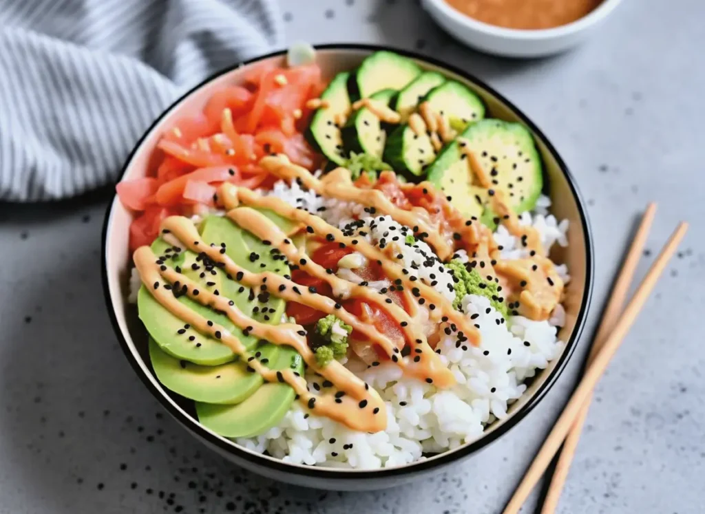 A high-angle, straight-down hero shot of a white ceramic bowl with a black rim filled with fluffy white sushi rice. The toppings are arranged in distinct sections: bright green diced avocado, sliced English cucumber half-moons, shredded white crab salad mixed with a little mayo, and vibrant pink cubed raw salmon. The bowl is aggressively drizzled with orange spicy mayo in a zigzag pattern and sprinkled with black and white sesame seeds. Lighting is natural morning light coming from the left, casting soft shadows on a marble countertop with wood accents.