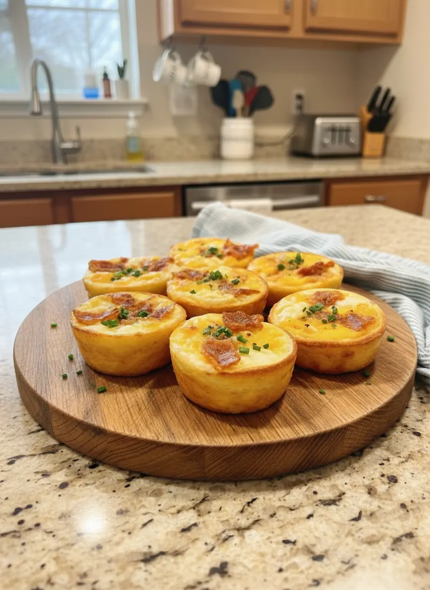 A process shot showing a metal muffin tin sitting on the marble counter. The cups are filled with a pale yellow liquid egg mixture. Some cups have shredded cheese visible at the bottom. The top of the mixture is being sprinkled with bacon crumbles and black pepper. The scene suggests the moment just before baking. Soft focus background with wood accents. No hands.