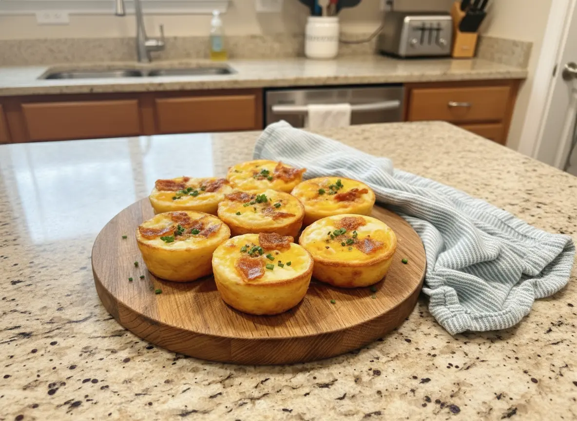 A high-angle, top-down hero shot of seven golden-yellow egg bites arranged in a rustic circle on a minimalist beige ceramic plate. Each egg bite is muffin-shaped with visible toppings of crispy red-brown bacon bits, melted cheddar speckles, and fresh green parsley leaves. The plate sits on a marble countertop with warm wood accents. Natural morning light streams from the right, casting soft, appetizing shadows. A wooden cutting board is visible in the background with fresh herbs. No hands or people.
