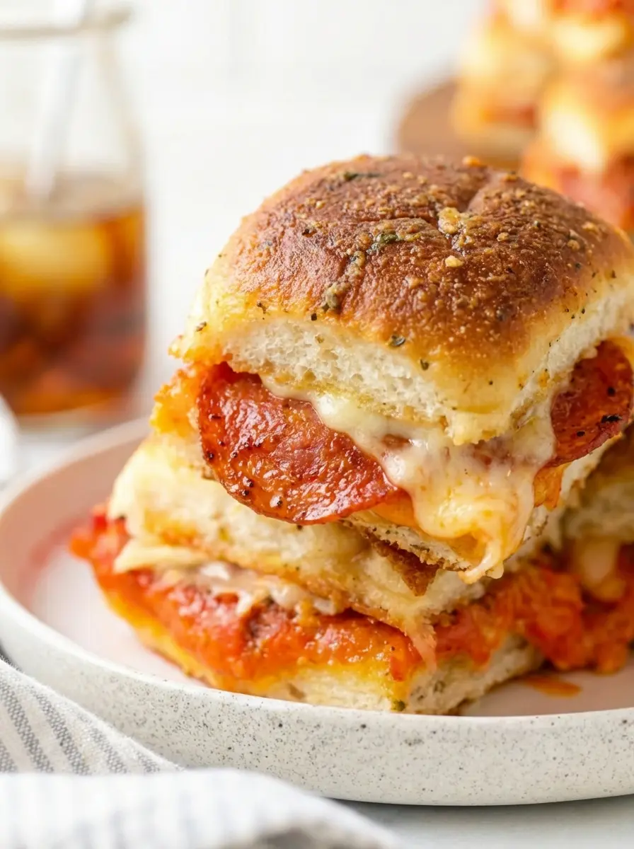 A straight-on eye-level shot of a wooden cutting board on a marble countertop. A slab of Hawaiian sweet rolls is being sliced horizontally with a large serrated knife. Fresh ingredients including a block of mozzarella, a jar of red sauce, and fresh parsley are arranged neatly in the background. Soft, natural lighting highlights the texture of the bread and wood grain. 3:4 aspect ratio.