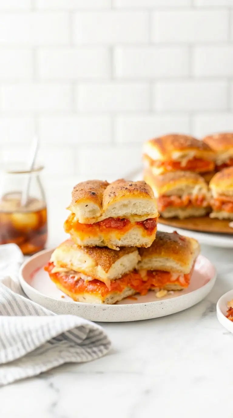 A close-up action shot of a single pizza slider being lifted from the group, creating a long, dramatic bridge of melted mozzarella cheese. The golden crust is perfectly toasted with visible parmesan specks. The background is a blur of the white kitchen and fresh herbs, emphasizing the warm, gooey texture of the cheese and the steam rising from the hot filling. 3:4 aspect ratio.