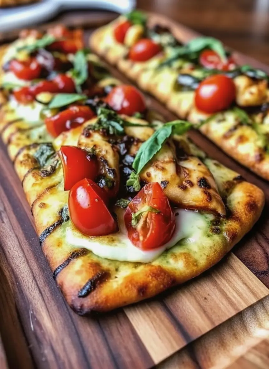 A 3:4 shot of the preparation surface on a marble countertop. A jar of green basil pesto is open with a spoon, alongside a bowl of bright red cherry tomatoes and a ball of fresh white mozzarella. A raw naan bread sits on the wooden cutting board in the center. The lighting is natural and bright, highlighting the freshness of the ingredients.