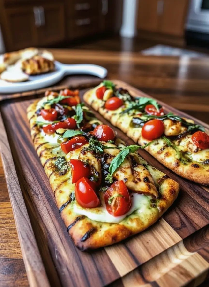 A 3:4 shot looking into an open oven or on a grill pan, showing the flatbread baking. The mozzarella cheese is midway through melting, bubbling slightly. The crust edges are starting to turn golden brown. The tomatoes look roasted and soft. The image conveys heat and the cooking process.