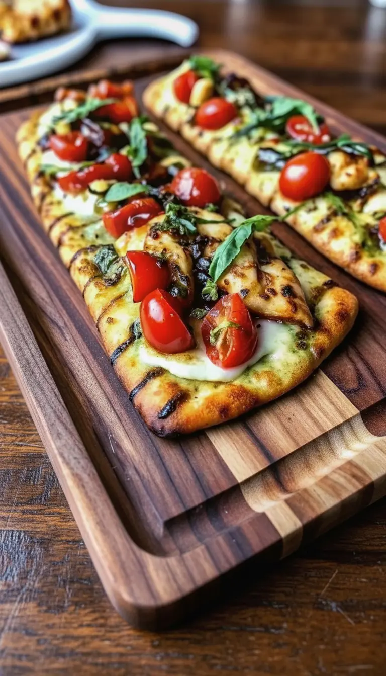 A 3:4 macro close-up shot of the finished flatbread slice. Focus on the texture of the thick, dark balsamic glaze dripping down the side of a piece of grilled chicken and a roasted tomato. The melted cheese looks stretchy and soft. The background is a soft bokeh of the wooden board and marble counter.