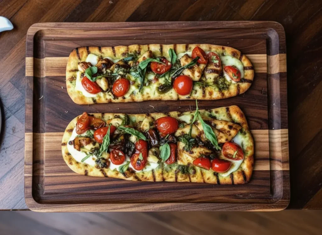 A high-angle 4:3 shot of two rectangular Chicken Caprese Flatbreads resting on a dark walnut cutting board. The flatbreads feature golden-brown crusts with grill marks, topped with melted white fresh mozzarella pools, red roasted cherry tomato halves, and browned grilled chicken pieces. A distinct dark balsamic glaze creates a zigzag pattern over the toppings. Fresh green basil leaves are scattered on top. The setting is a kitchen with marble countertops, soft morning light coming from the left casting gentle shadows, and a blur of white ceramic plates in the background.