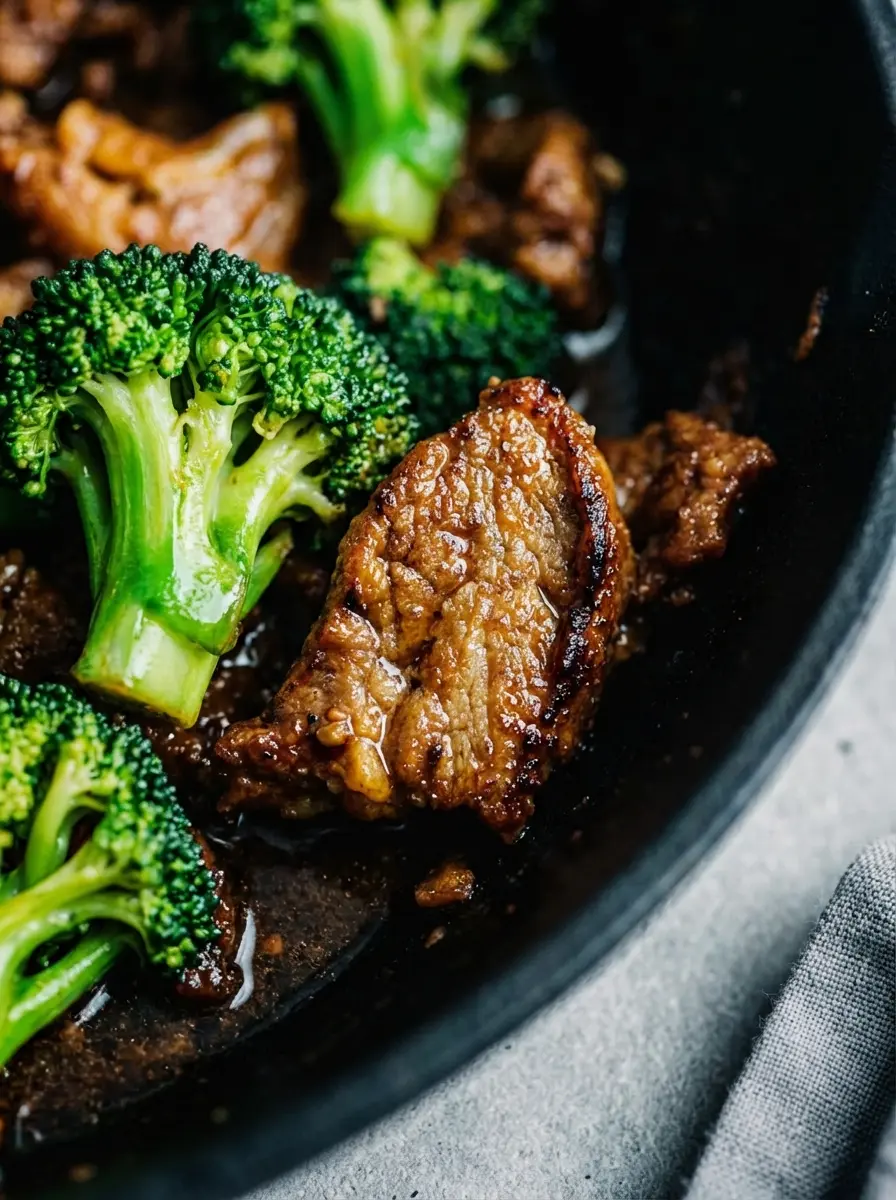 A rustic wooden cutting board with thinly sliced raw flank steak next to a pile of fresh, vibrant green broccoli florets. In the background, a small ceramic bowl holds minced garlic and grated ginger, all bathed in natural morning light on a marble countertop with soft shadows. (3:4 ratio), no hands or people.