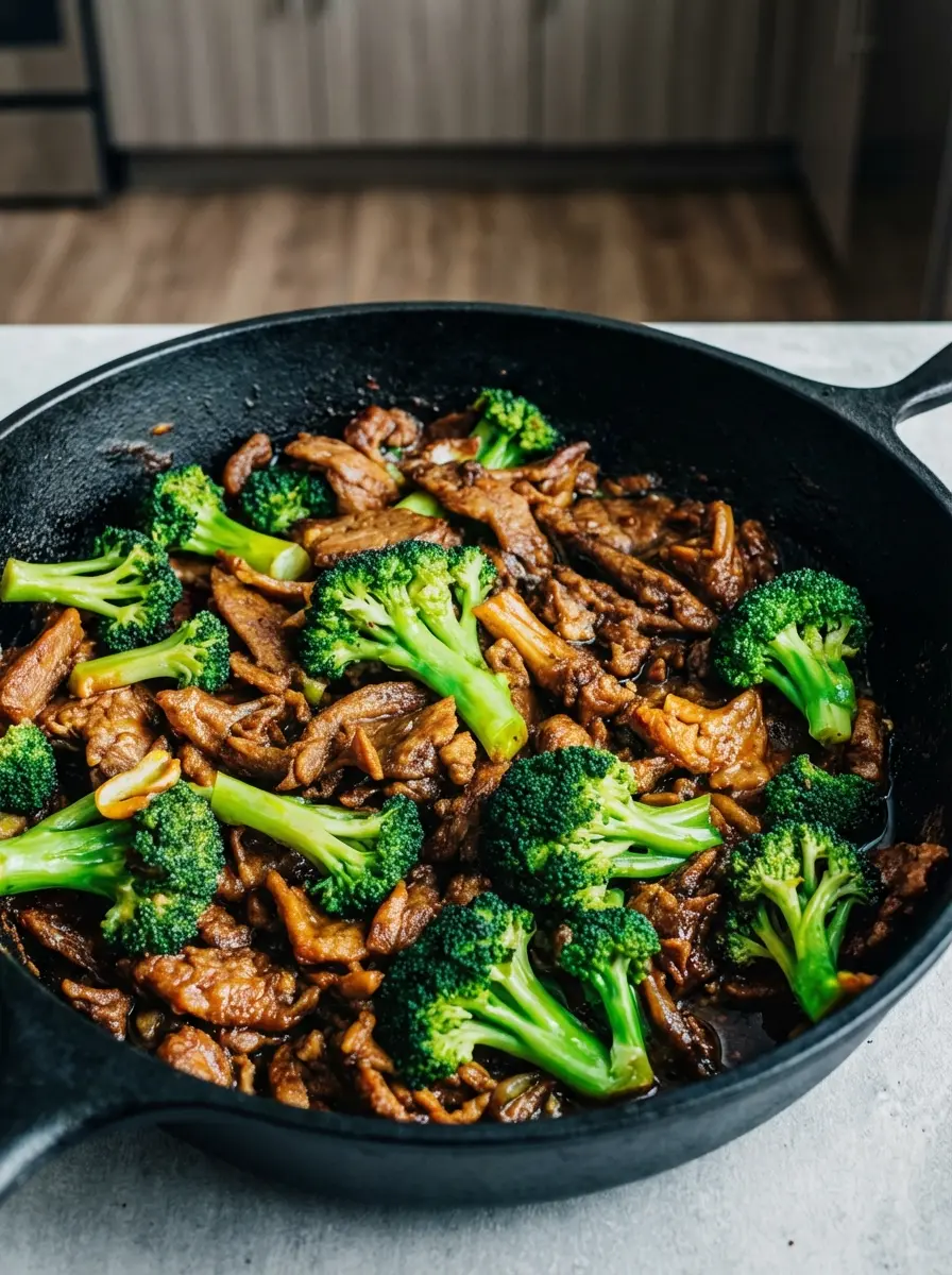 Close-up of tender, dark brown beef slices searing in a black cast iron skillet on a stovetop, capturing the slight char and glossy texture. The background shows a clean kitchen with a hint of marble countertop and warm, natural light. (3:4 ratio), no hands or people.