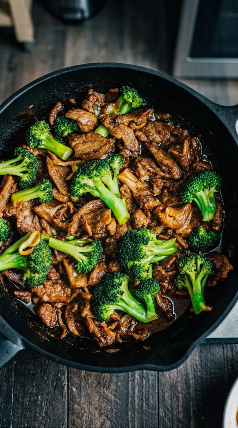 A serving of Chinese Beef and Broccoli in a minimalist white ceramic bowl, showcasing the rich, glossy sauce clinging to the tender dark brown beef and vibrant green broccoli. A few fresh herbs are subtly visible in the soft-focused background, resting on a marble countertop. (3:4 ratio), no hands or people.