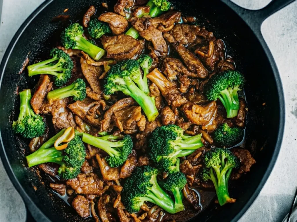 Overhead hero shot of a black cast iron skillet filled with Chinese Beef and Broccoli, featuring tender, dark brown beef slices and bright, vibrant green broccoli florets generously coated in a glossy, rich dark brown sauce. The dish is presented on a light marble countertop with a subtle wooden accent, illuminated by soft natural morning light from an east window. Soft shadows enhance the warm tones, and the overall presentation is clean and tidy. (4:3 ratio), no hands or people.