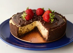 A perfectly sliced Chocolate Chip Cheesecake on a minimalist white ceramic plate. The cheesecake has a dark chocolate cookie crust, a creamy vanilla-infused filling with visible chocolate chips, a smooth, glossy dark chocolate ganache topping with subtle ripples, and is generously garnished with scattered mini chocolate chips and vibrant fresh red strawberries. A slice has been removed, revealing the interior layers. The scene is set on a marble countertop with a wooden accent, bathed in natural morning light from an east window, with soft shadows and warm tones, clean and tidy presentation. No hands or people visible. 4:3 aspect ratio.