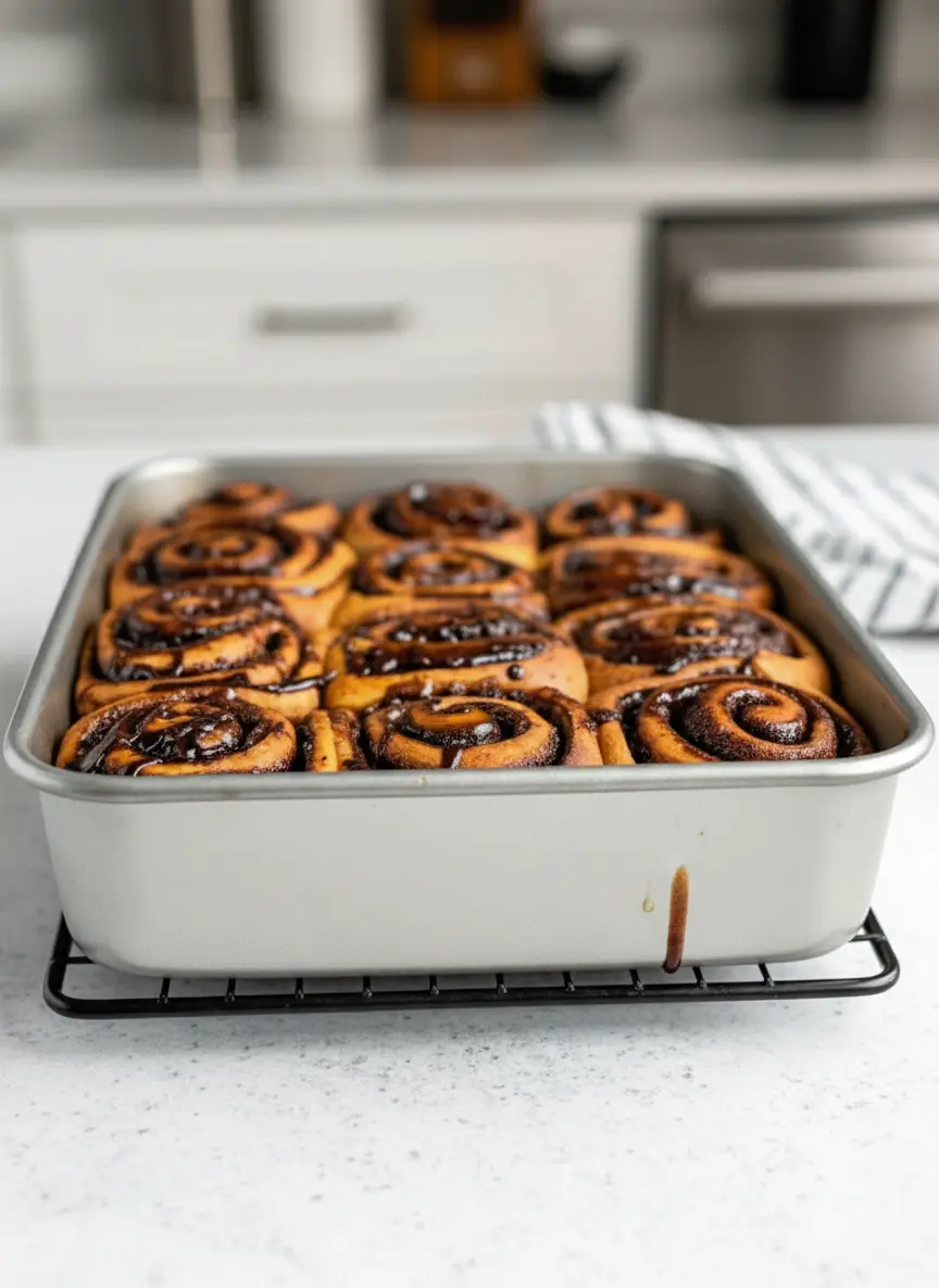 A process shot showing the dough rolled out flat on the marble countertop. A knife is spreading a dark, rich paste of cocoa, butter, and cinnamon across the surface. The lighting is bright and airy, highlighting the texture of the dough and the richness of the filling.