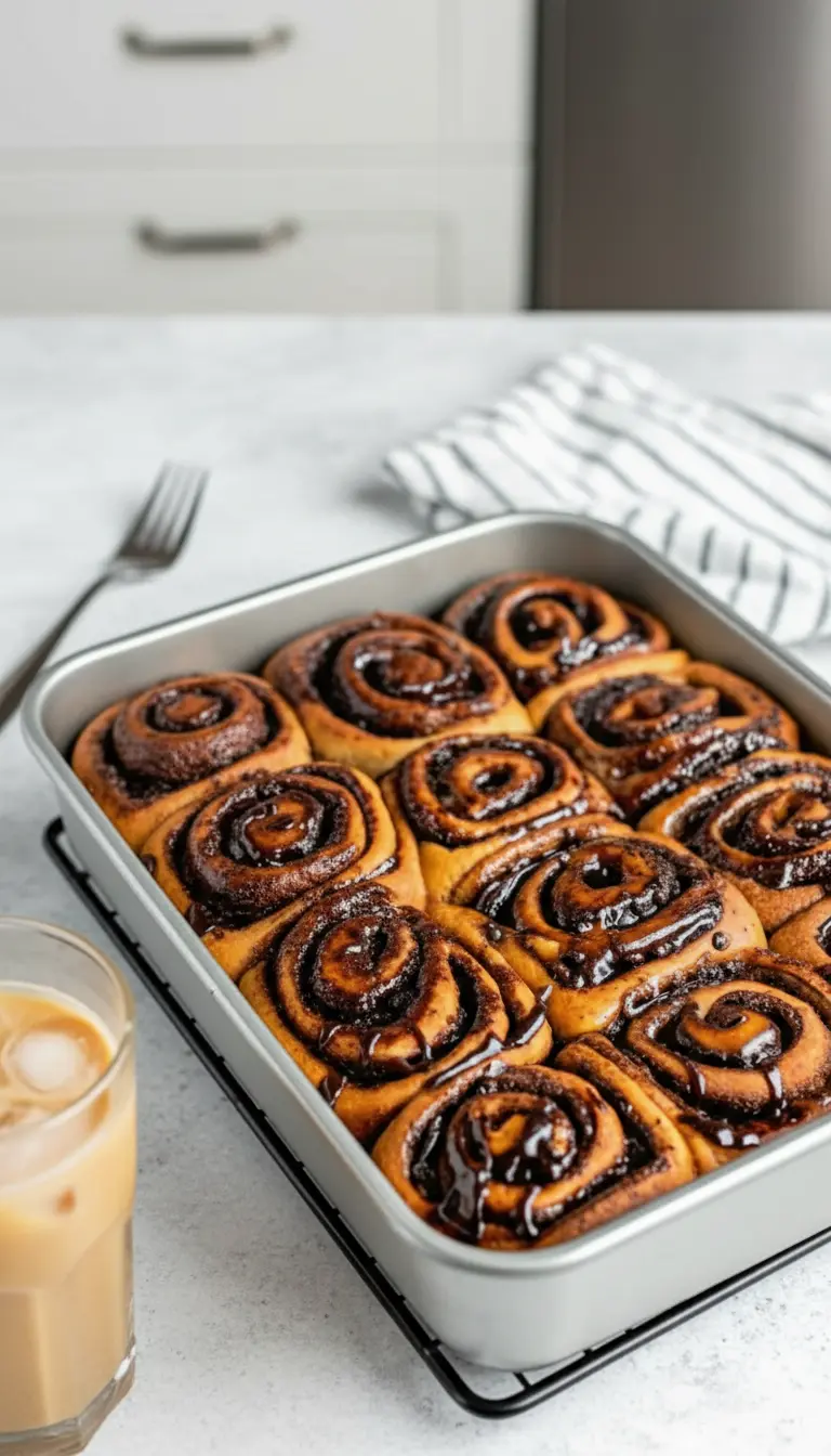 A close-up side angle of a single baked chocolate cinnamon roll placed on a minimalist white plate. The focus is on the soft, fluffy texture of the bread and the dark, glossy chocolate filling oozing slightly from the spiral. The background is softly blurred with warm tones.