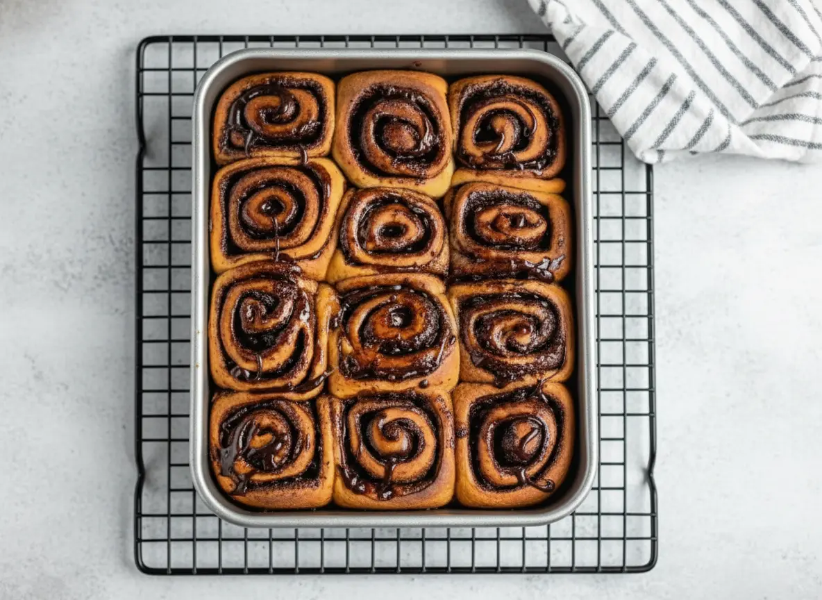 A high-angle, straight-down hero shot of a rectangular metal baking pan filled with 6 visible chocolate cinnamon rolls. The rolls have a golden-brown crust and a distinct dark chocolate spiral filling with visible texture of chocolate crumbs. The pan sits on a marble countertop with soft morning light casting gentle shadows from the east. A wooden cutting board is partially visible in the periphery.