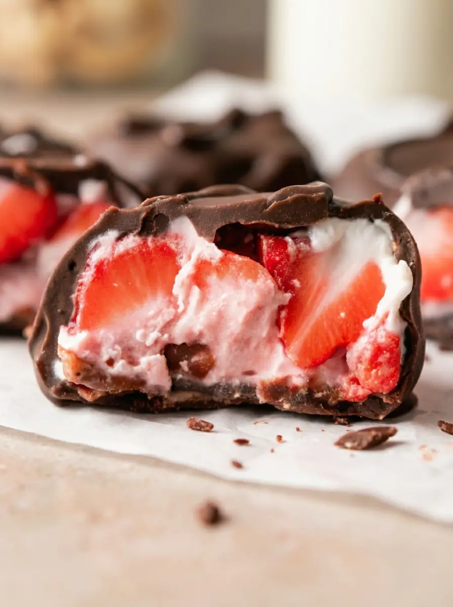 A beautiful arrangement (3:4 ratio) of fresh, ripe strawberries, a bowl of thick Greek yogurt, and dark chocolate melting chips, displayed on a wooden cutting board with fresh herbs visible in the soft background, bathed in natural morning light from an east window.