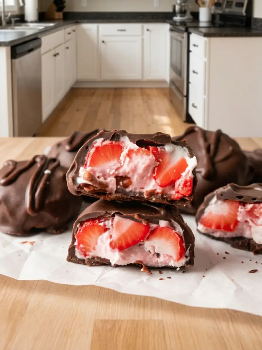A close-up shot (3:4 ratio) of the process: a cluster of strawberries and yogurt being gently dipped into a bowl of melted, tempered dark chocolate, showcasing the smooth coating process. The scene is on a marble countertop with natural morning light and soft shadows, no hands visible.