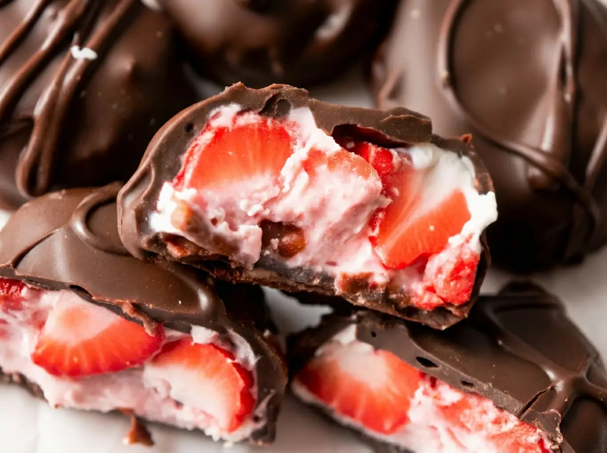 A close-up, top-down shot (4:3 ratio) of several freshly made Chocolate Strawberry Yogurt Clusters, some whole, one cut in half revealing the vibrant red strawberry nestled in creamy pink-tinged yogurt, all coated in rich dark chocolate with a subtle texture. They rest on minimalist white plates on a marble countertop with soft natural morning light, subtle warm tones, and a clean tidy presentation.