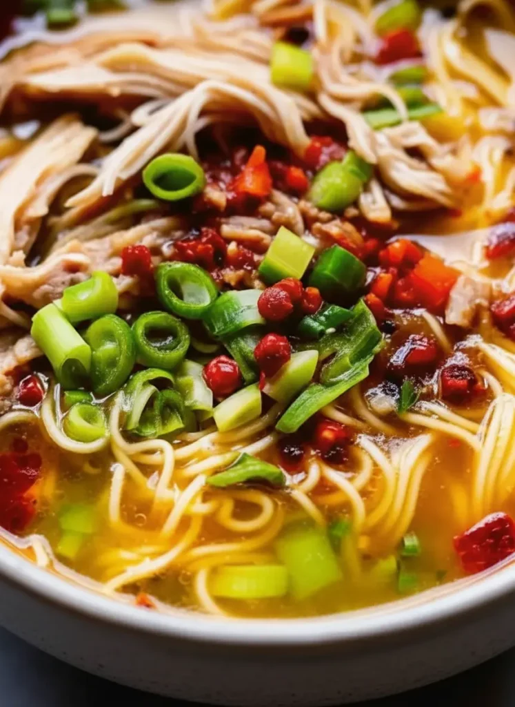 Classic Ginger Garlic Chicken Noodle Soup 3:4 shot of prep scene on a marble countertop with wood accents. Fresh ginger root, garlic cloves, and sliced carrots are arranged on the signature wooden cutting board. A bundle of raw curly noodles sits nearby. Soft, natural lighting creates warm tones.