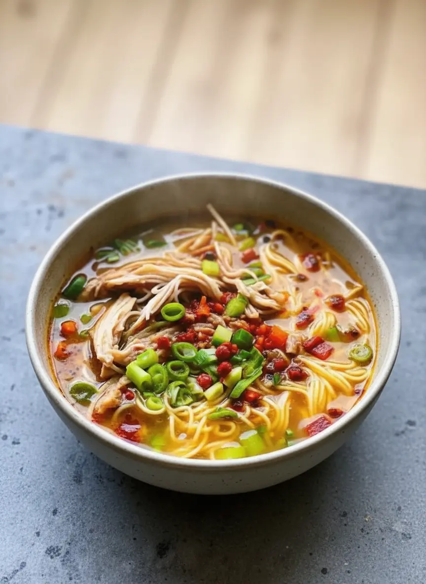 3:4 shot of a large pot simmering on a stove (no hands visible). Steam rises softly from the golden broth. You can see the chicken and carrots bubbling in the liquid. The background hints at a clean, white kitchen environment.