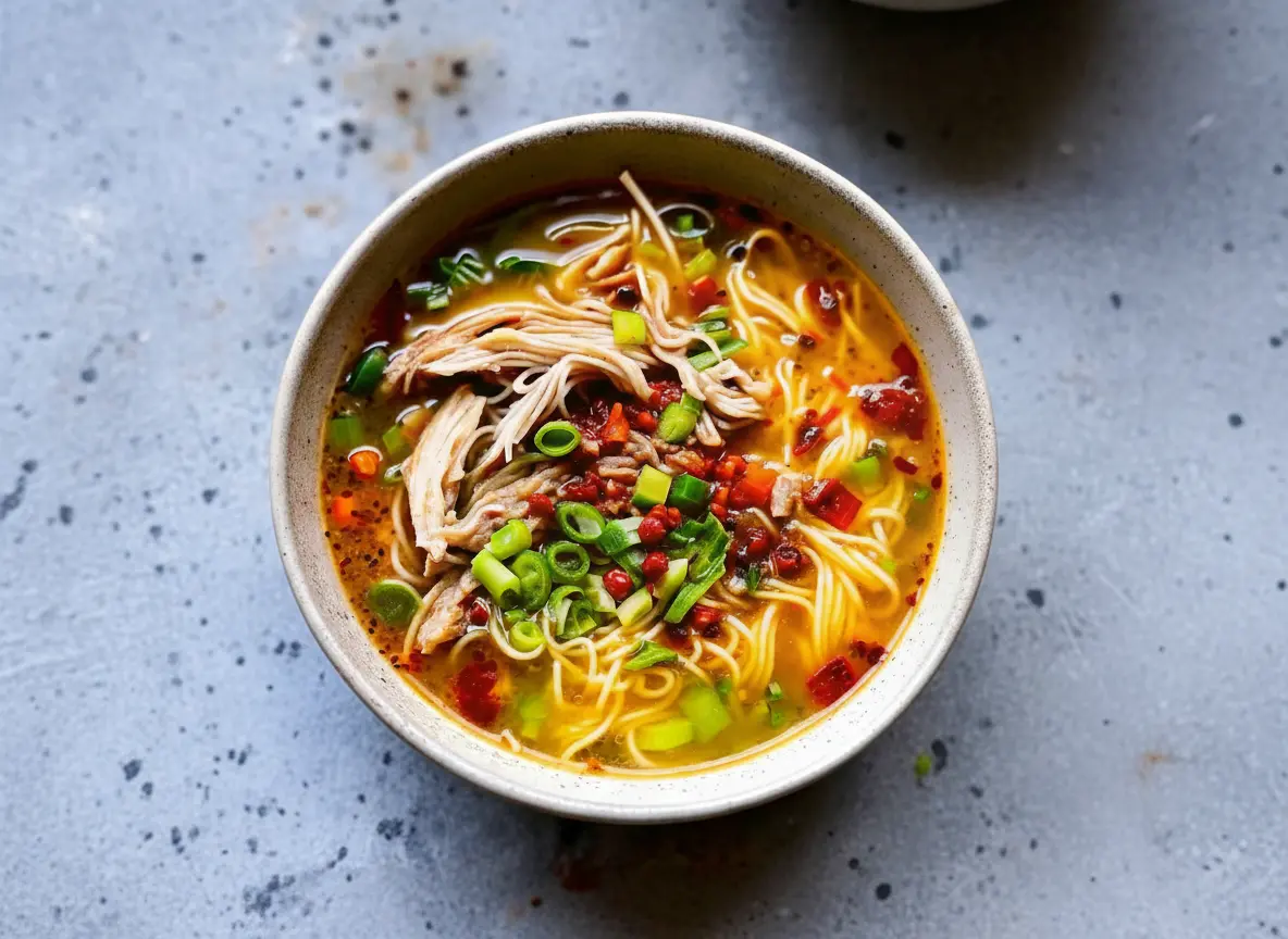 A high-angle 4:3 hero shot of a speckled grey ceramic bowl filled with golden ginger chicken noodle soup. The bowl sits on a marble countertop with soft morning light from the east. Visible ingredients include curly noodles, shredded chicken, bright orange carrot rounds, and abundant sliced green onions. Deep red chili oil droplets and chili flakes swirl on the surface. A wooden cutting board is partially visible in the background with fresh herbs.