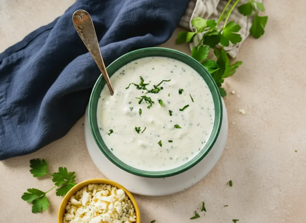 Overhead shot of a creamy, light green-tinged Blue Cheese Dip in a minimalist white ceramic bowl with a thin dark rim, garnished with finely chopped fresh parsley. A vintage-style silver spoon is partially submerged in the dip. The bowl rests on a white ceramic saucer on a light marble countertop. In the soft-focused background, a small white bowl holds crumbled blue cheese and shredded white cheese, a striped linen napkin, and fresh parsley sprigs. Natural morning light creates soft shadows and warm tones. No hands or people. Clean and tidy presentation. 4:3 aspect ratio.