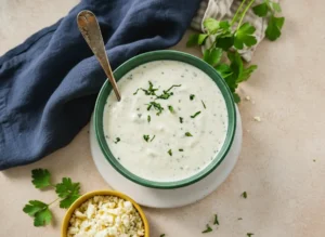 Overhead shot of a creamy, light green-tinged Blue Cheese Dip in a minimalist white ceramic bowl with a thin dark rim, garnished with finely chopped fresh parsley. A vintage-style silver spoon is partially submerged in the dip. The bowl rests on a white ceramic saucer on a light marble countertop. In the soft-focused background, a small white bowl holds crumbled blue cheese and shredded white cheese, a striped linen napkin, and fresh parsley sprigs. Natural morning light creates soft shadows and warm tones. No hands or people. Clean and tidy presentation. 4:3 aspect ratio.