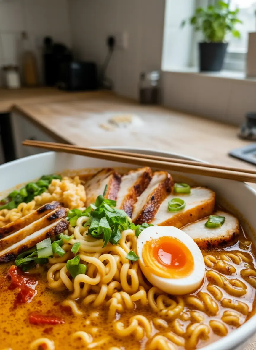 A close-up shot of raw chicken breast slices seasoned with salt and pepper on the same wooden cutting board, beside a small white bowl of minced garlic, fresh green onions, and a bundle of fresh cilantro. All are bathed in natural morning light, on a marble countertop with wood accents. Soft shadows and warm tones, no hands. (3:4 ratio)