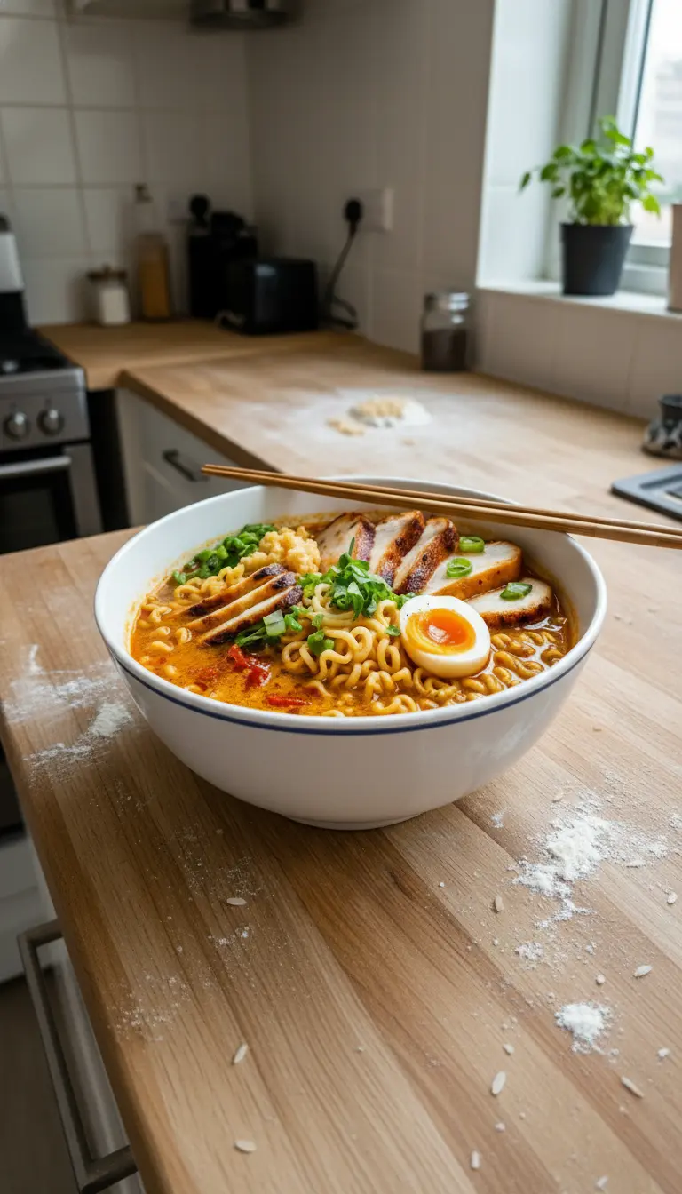 A close-up, slightly overhead shot of the fully assembled Creamy Garlic Chicken Ramen in a white ceramic bowl with blue floral patterns, focusing on the textures: the curly ramen noodles, the golden-brown seared chicken slices, the perfectly jammy yolk of a soft-boiled egg, and the vibrant green of cilantro and green onions. The creamy broth glistens. The bowl is on a wooden surface, with soft shadows and warm tones from natural morning light. No hands. (3:4 ratio)