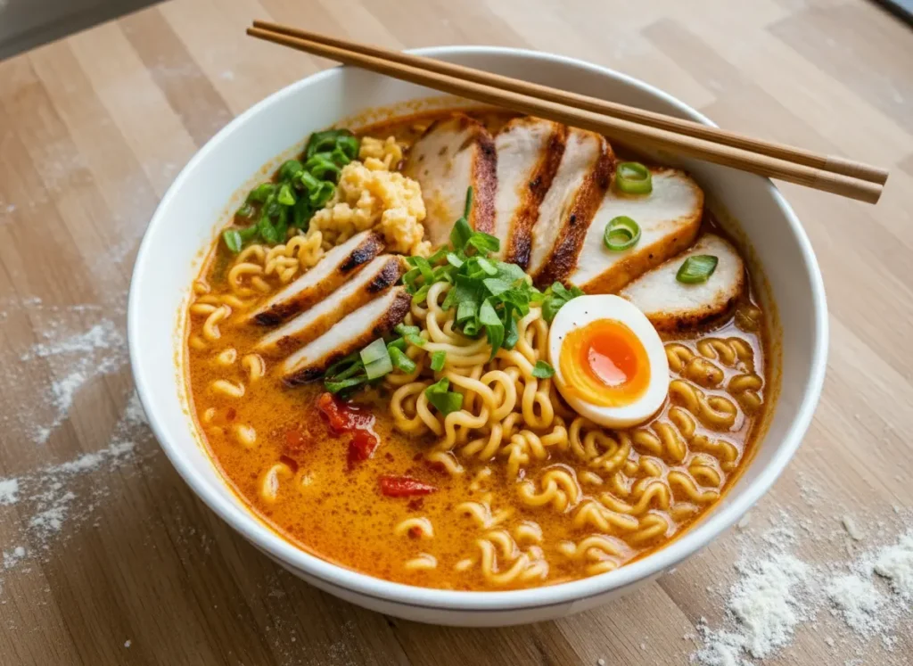 A wide ceramic bowl with blue floral patterns, filled with creamy orange-yellow ramen broth, curly golden noodles, sliced seared chicken breast with slight char, halved soft-boiled eggs with jammy orange yolks, chopped green onions, and fresh cilantro. Chopsticks are holding up a generous portion of noodles from the bowl. The bowl sits on a warm-toned wooden surface in natural morning light from an east window. In the background, a white paper towel roll and a minimalist white salt/pepper shaker are visible, with soft shadows and warm tones. Clean and tidy presentation, no hands.