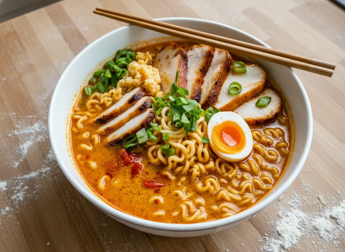 A wide ceramic bowl with blue floral patterns, filled with creamy orange-yellow ramen broth, curly golden noodles, sliced seared chicken breast with slight char, halved soft-boiled eggs with jammy orange yolks, chopped green onions, and fresh cilantro. Chopsticks are holding up a generous portion of noodles from the bowl. The bowl sits on a warm-toned wooden surface in natural morning light from an east window. In the background, a white paper towel roll and a minimalist white salt/pepper shaker are visible, with soft shadows and warm tones. Clean and tidy presentation, no hands.