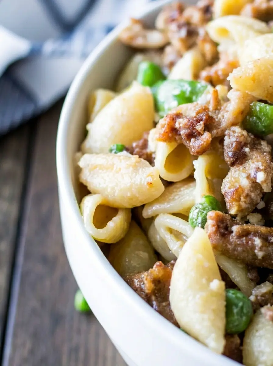 A 3:4 shot focusing on the key ingredients for creamy pasta salad: a small bowl of raw shell pasta, a bowl of bright green frozen peas, a bowl of crispy crumbled bacon, and a block of cheddar cheese on a wooden cutting board, all arranged on a marble countertop under natural morning light. Soft shadows and warm tones.