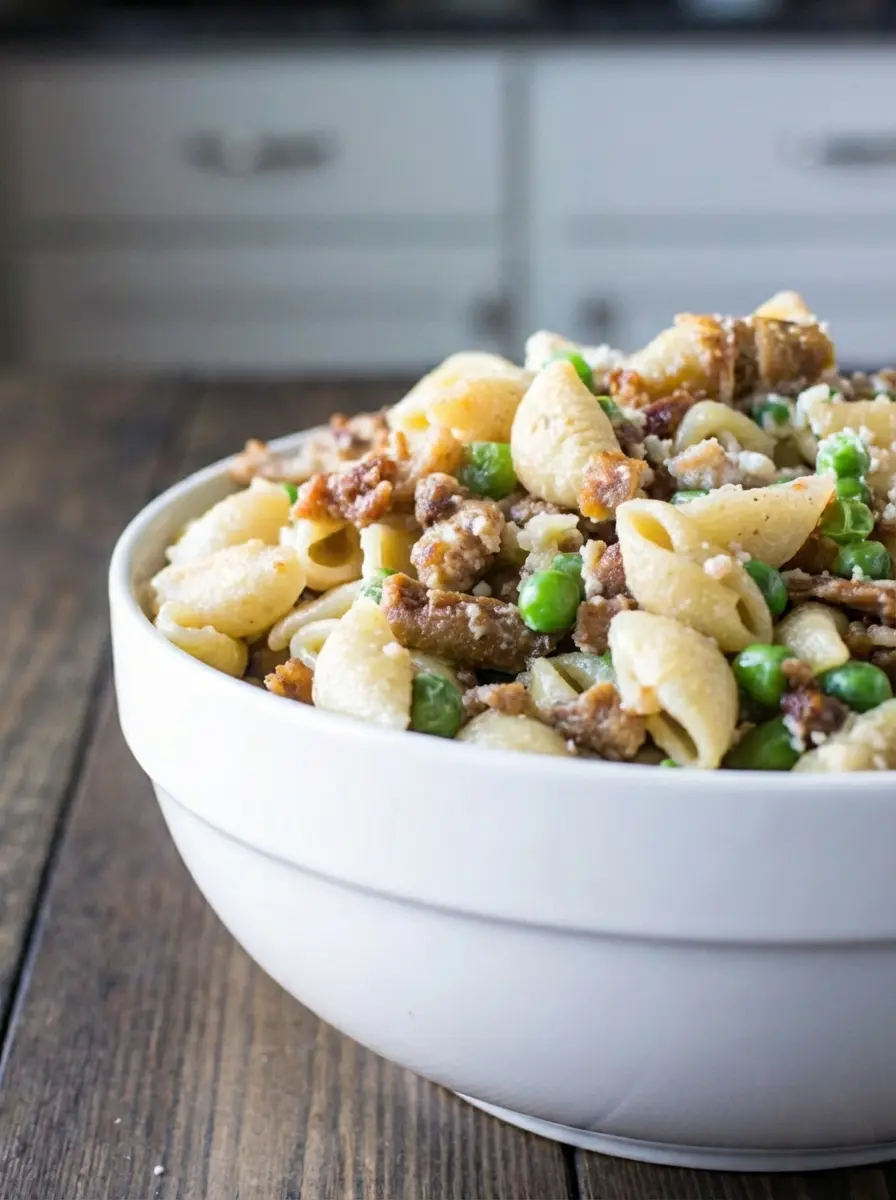 A 3:4 close-up shot of the process of mixing the creamy pasta salad. A large white ceramic bowl contains cooked, cooled shell pasta, thawed green peas, and crumbled bacon, with a creamy dressing being gently folded in with a serving spoon. The setting is a clean marble countertop, with natural morning light and soft shadows.