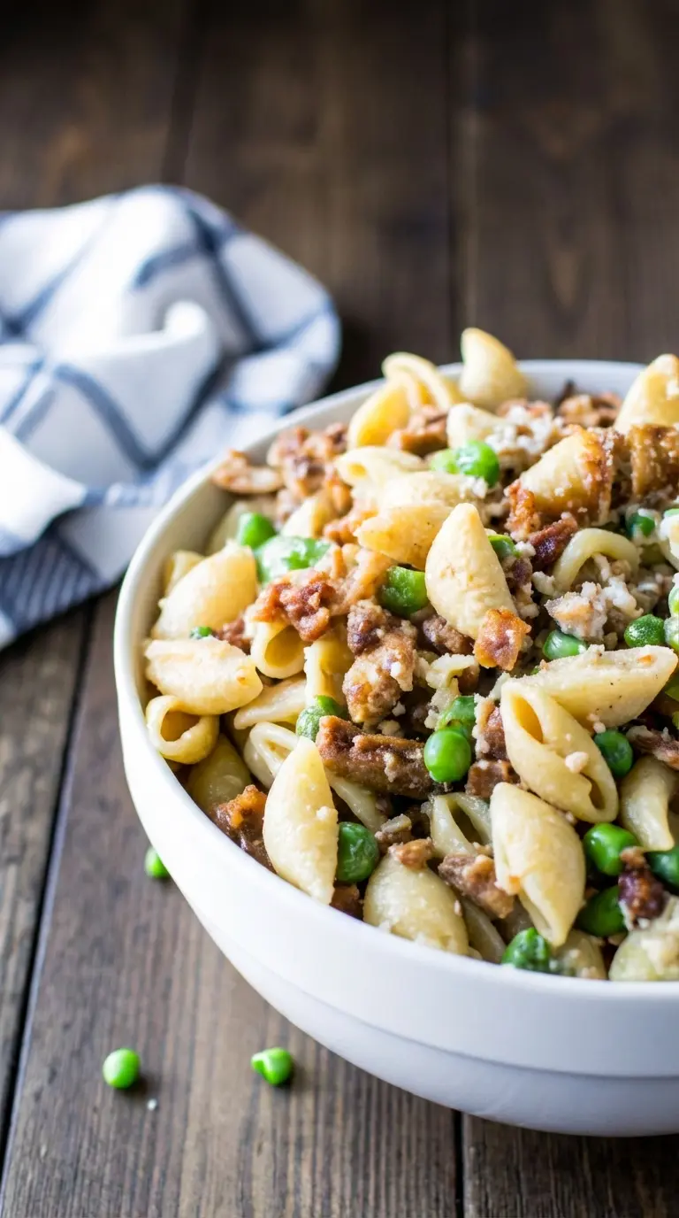 A 3:4 shot showcasing the texture and serving of the finished creamy pasta salad. A single portion scooped into a small minimalist white plate, revealing the creamy coating on the shell pasta, distinct peas, and bacon bits. A sprinkle of fresh chopped parsley garnishes the plate. The plate sits on a wooden surface next to a larger white ceramic serving bowl in the background, with fresh herbs and marble countertop details. Natural morning light, warm tones.