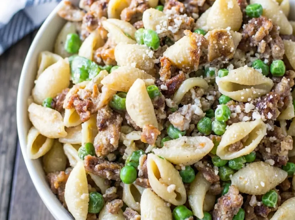 A beautifully styled 4:3 shot of a generous white ceramic bowl filled with creamy pasta salad, featuring shell-shaped pasta, vibrant green peas, and crispy golden-brown bacon bits, all coated in a luscious, pale yellow dressing. Some finely shredded white cheese is visible. The bowl is positioned on a rustic wooden surface, with a corner of a blue and white striped towel peeking in. Soft, natural morning light from an east window illuminates the scene, casting gentle shadows. Fresh green herbs are blurred in the background on a marble countertop. The presentation is clean, tidy, and exudes warm, inviting tones.