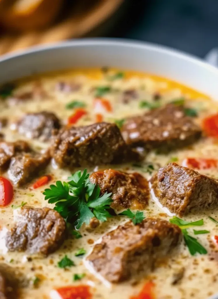 Creamy Philly Cheese Steak Soup Eye-level shot of raw ingredients arranged neatly on a well-worn wooden cutting board. Thinly sliced raw ribeye steak, diced green and red bell peppers, chopped white onion, and a block of provolone cheese. Natural lighting hitting the textures of the meat and vegetables. Marble countertop visible in the periphery.