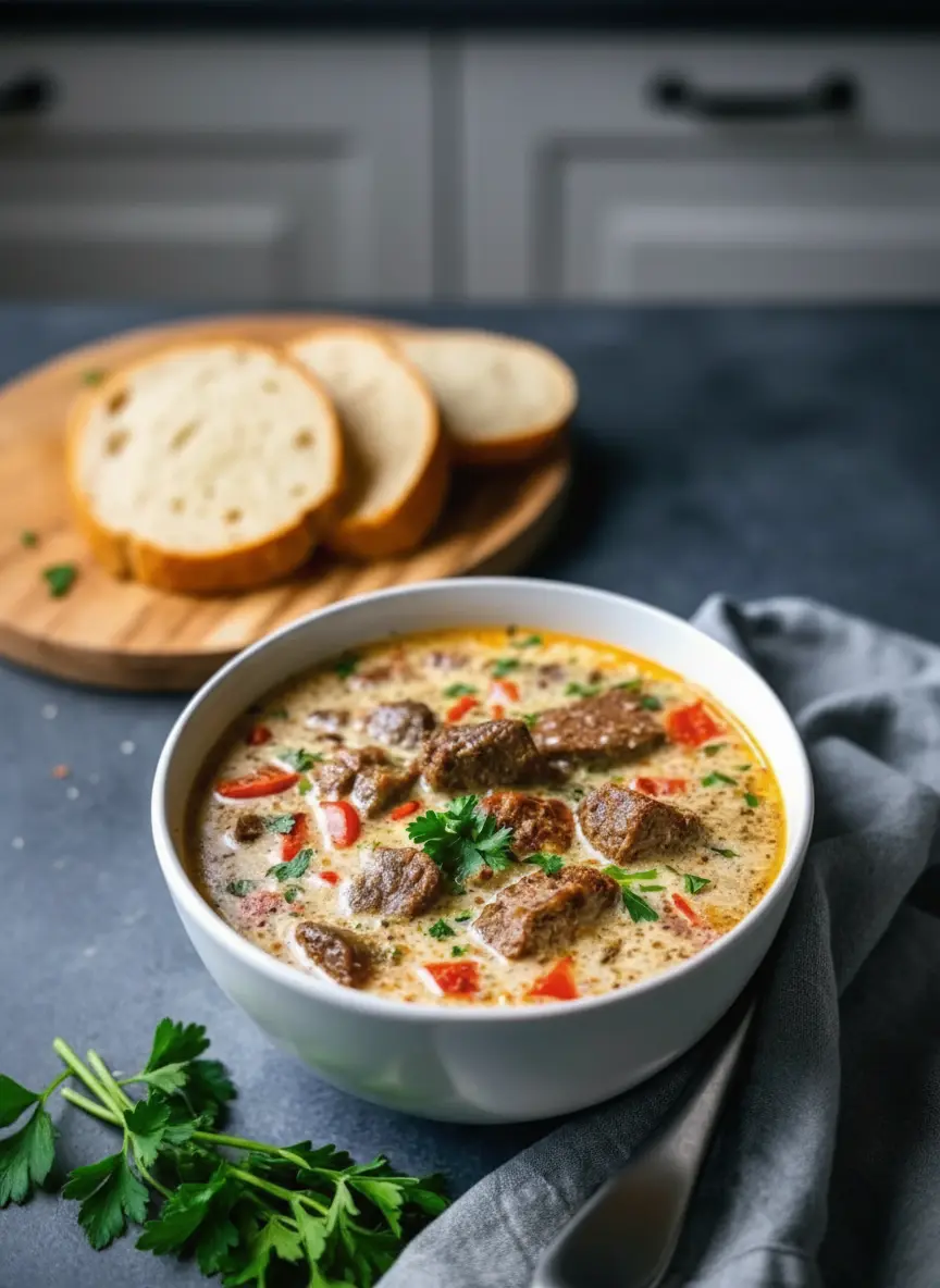 Action shot of a wooden spoon stirring a large heavy-bottomed pot on a stove. The pot contains the sautéed peppers and onions mixed with a roux, just before the liquid is added. The mixture is golden and glossy. The kitchen environment is tidy with soft shadows suggesting a calm cooking process.