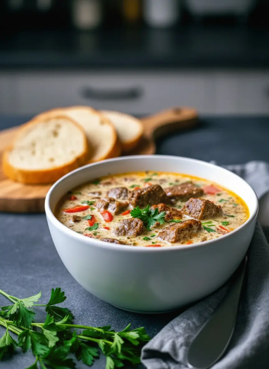 Close-up macro shot of a spoon lifting a generous portion of the soup from the white bowl. The spoon holds a piece of tender steak, a piece of red pepper, and the creamy beige broth dripping slightly. The texture looks rich and velvety. Fresh parsley is visible on the surface of the soup below.