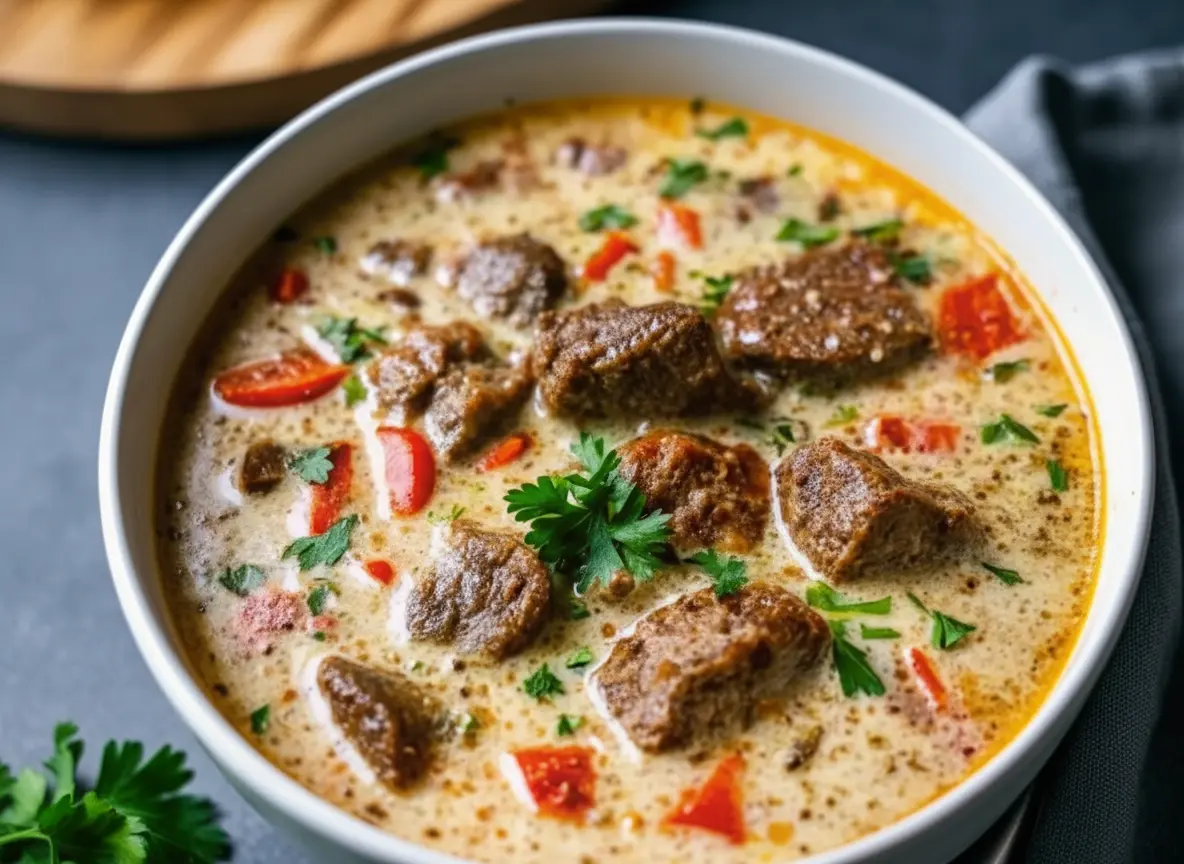 A high-angle, eye-level hero shot of a minimalist white ceramic bowl filled with creamy beige Philly Cheese Steak Soup. The soup features visible chunks of browned ribeye steak, diced red peppers, and green specks of fresh parsley garnish. Soft morning light from the east illuminates the steam rising gently. The bowl sits on a grey linen napkin on a marble countertop with wood accents. Background is softly blurred showing a crusty baguette. The style is clean, warm, and inviting.