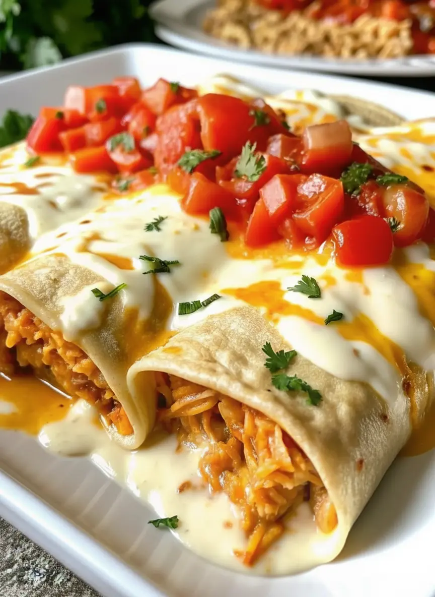 3:4 vertical shot of the preparation process. A wooden cutting board sits on a marble counter containing shredded chicken mixed with orange taco seasoning and cream cheese. A few flour tortillas are stacked nearby. Natural light illuminates the texture of the chicken mixture. No hands.