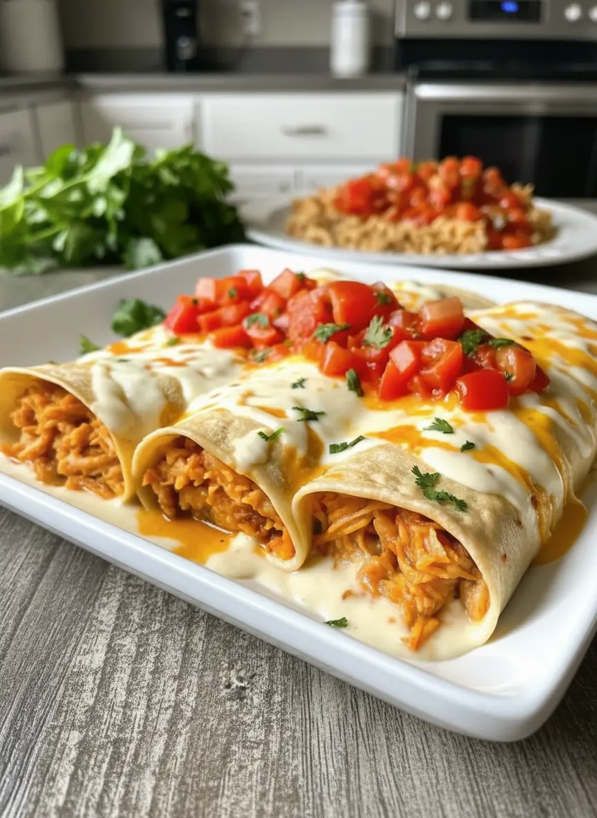 3:4 vertical shot of the baking dish. Raw rolled tortillas are packed tightly into a white ceramic baking dish, waiting to be covered in sauce. The scene is tidy, with a jar of white queso sitting next to the dish on the marble counter. Warm, inviting tones. No hands.