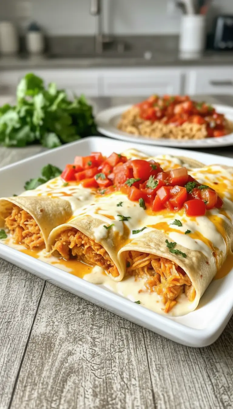 3:4 vertical shot focused on texture. A close-up of a single enchilada cut open on a white plate, revealing the moist, shredded chicken filling inside. The white queso sauce drips down the side, mixing with the red tomato juices and orange oil drizzle. Highly appetizing and detailed. No hands.