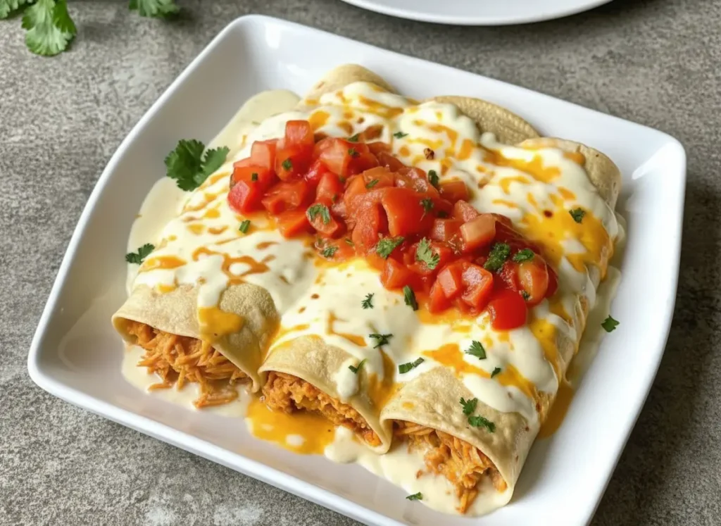 A high-angle, 4:3 ratio hero shot of two Creamy Queso Chicken Enchiladas plated on a minimalist square white ceramic plate. The enchiladas are covered in smooth white queso sauce with swirls of orange oil, topped generously with bright red diced tomatoes and chopped green cilantro. The background features a marble countertop with wood accents, natural morning light casting soft shadows, and fresh herbs in the blurred background. No hands or people.