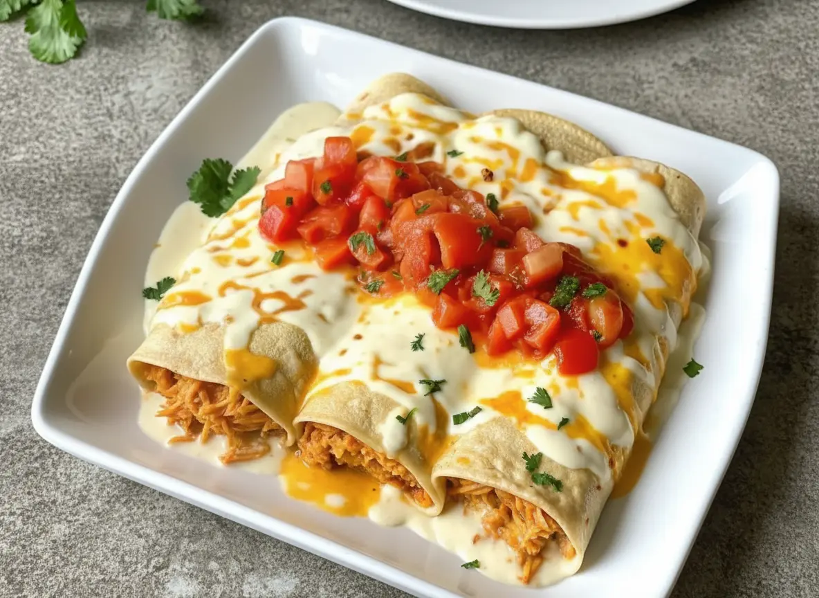 A high-angle, 4:3 ratio hero shot of two Creamy Queso Chicken Enchiladas plated on a minimalist square white ceramic plate. The enchiladas are covered in smooth white queso sauce with swirls of orange oil, topped generously with bright red diced tomatoes and chopped green cilantro. The background features a marble countertop with wood accents, natural morning light casting soft shadows, and fresh herbs in the blurred background. No hands or people.